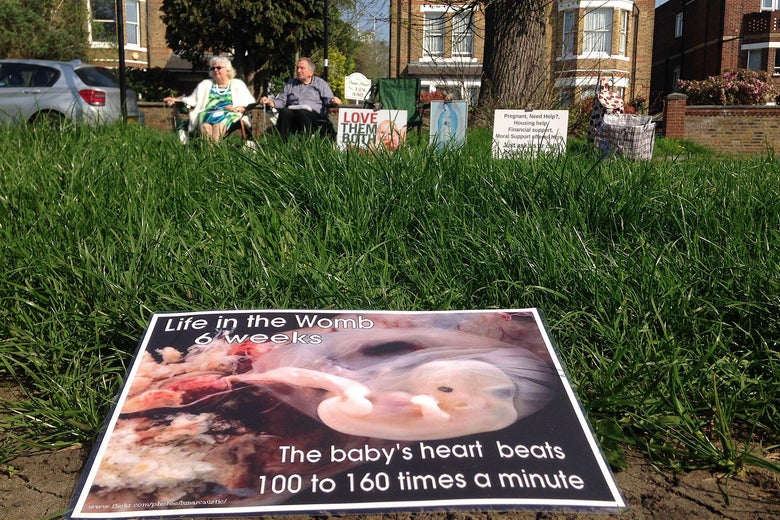 Colleen Wallace (L) and Eamonn Gill, who oppose abortion attend a pro-life vigil on the street outside the Marie Stopes clinic, that offers contraception and abortion services, in Ealing, west London, on April 21, 2018. - A ban on pro-life protests outside an abortion clinic in London came into force on Monday in a first that pro-choice campaigners hope will set a precedent for the country. (Photo by ALICE RITCHIE / AFP) (Photo credit should read ALICE RITCHIE/AFP/Getty Images)